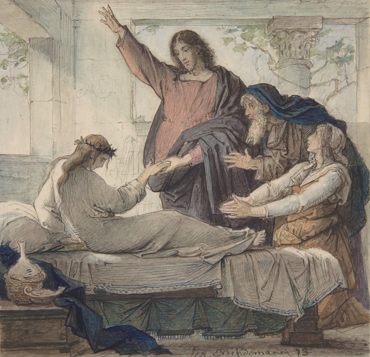 Jairuksen tyttären kasvattaminen, 1873. tekijältä Eduard Julius Friedrich Bendemann