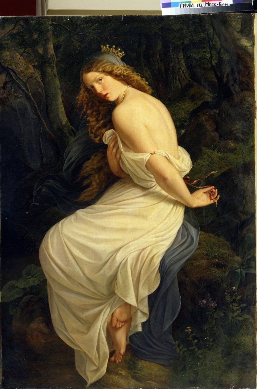 Ondine (Undine). Vesien nero germaanisessa mytologiassa nymfinä tai naiadina. Eduard Steinbrueckin (Steinbruckin) maalaus (1802-1882). Öljy kankaalle tekijältä Eduard Steinbruck