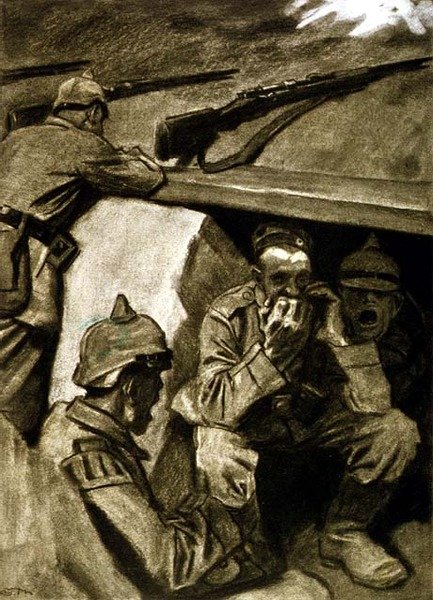 Suuurut juoksuhaudoissa, kuvitus saksalaisesta aikakauslehdestä "Simplicissimus", n. 1915 (litho) tekijältä Eduard Thöny