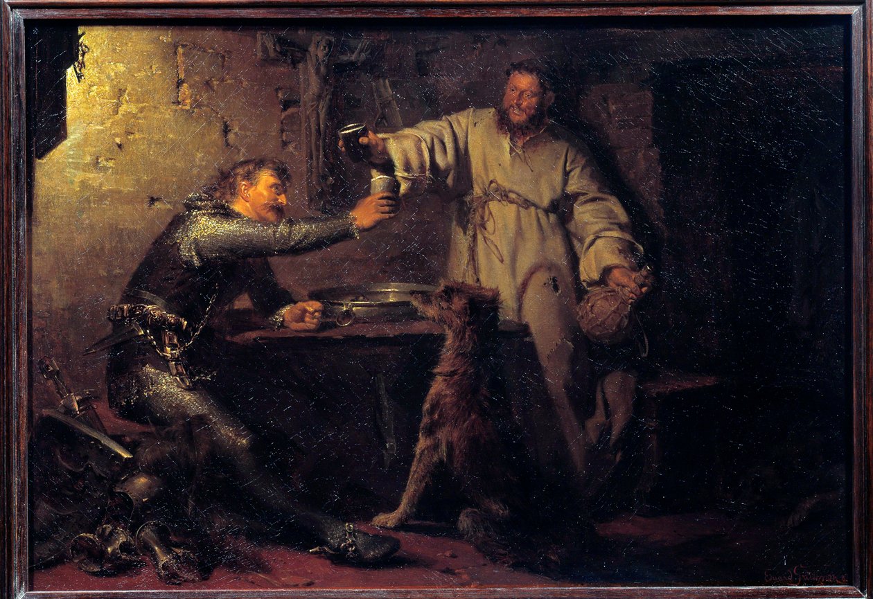 Keski-ikäinen soturi maljailemassa erakon kanssa tavernassa Eduard von Grutznerin (1846-1925) maalaus 1878 Su. 0,44x0,63 m Pariisi, musee d