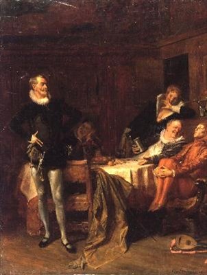 "Kahdestoista yö", näytös II, kohtaus 3: Maria, klovni, Sir Andrew Aguecheek, Malvolio ja Sir Toby Belch tekijältä Eduard von Grutzner