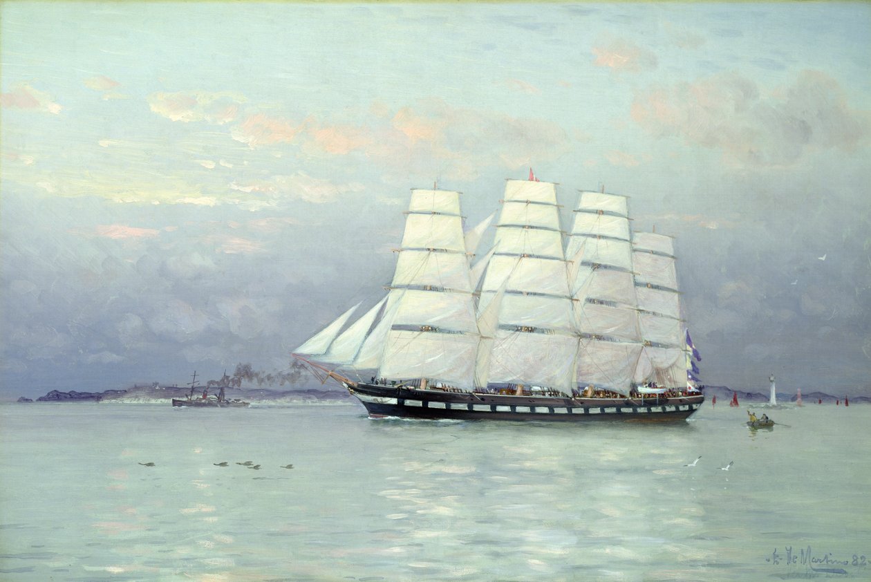 Ulospäin sidottu alus täydellä purjeella, 1882 tekijältä Eduardo de Martino