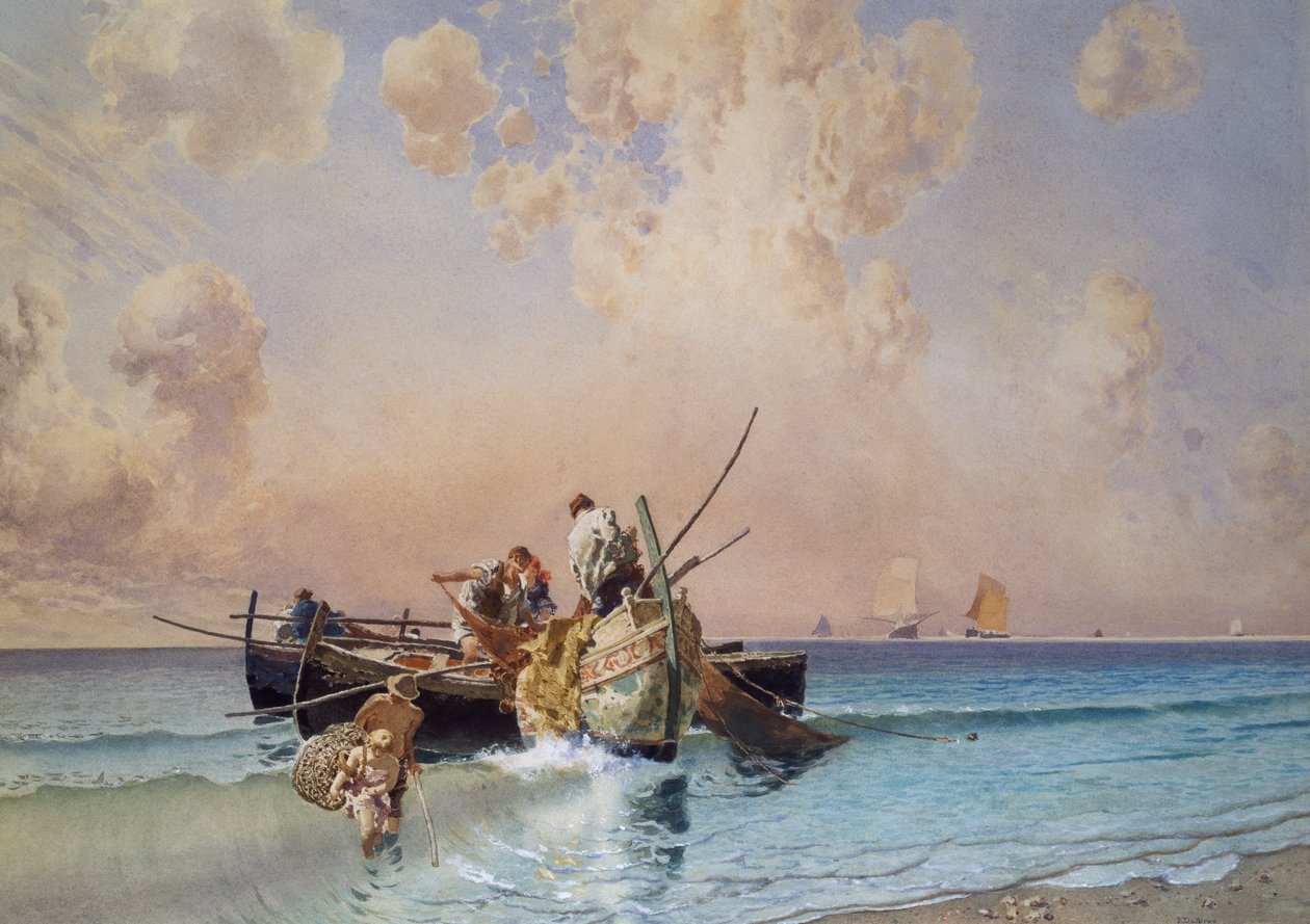 Takaisin kalastuksesta, Eduardo Dalbono (1841-1915), öljy kankaalle, 53x73 cm tekijältä Eduardo Dalbono