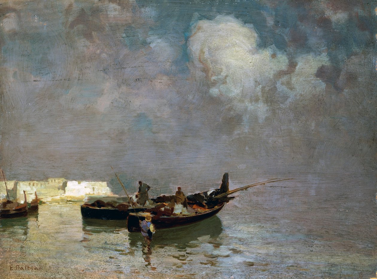 Marina kalastajien kanssa, Eduardo Dalbono (1841-1915), öljy kankaalle, 34x45 cm tekijältä Eduardo Dalbono