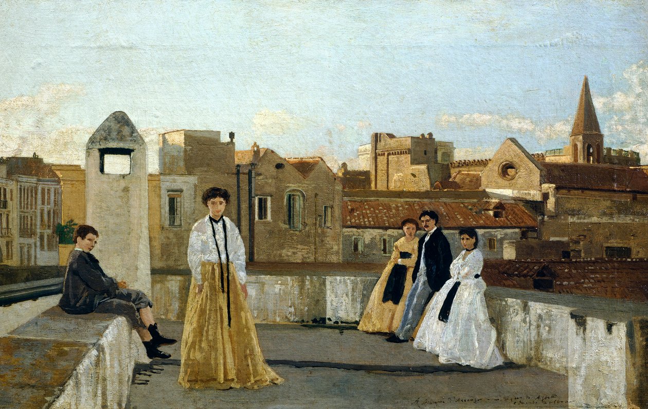 Terassi, Edoardo Dalbono (1841-1915), öljy paneelille, 45x30 cm. tekijältä Eduardo Dalbono