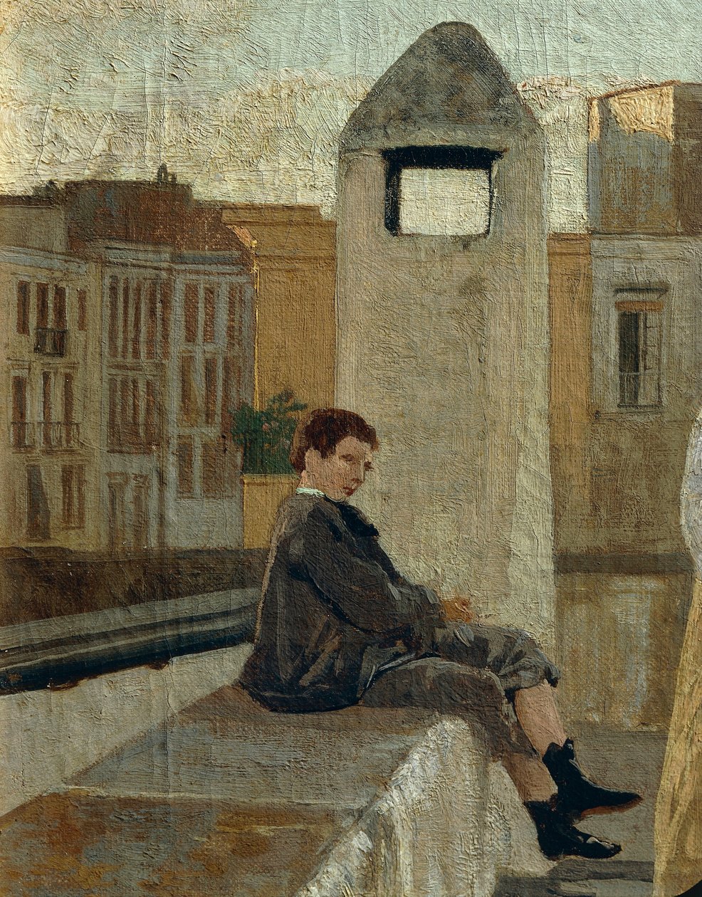 Terassi, Edoardo Dalbono (1841-1915), öljy paneelille, 45x30 cm. Yksityiskohta. tekijältä Eduardo Dalbono