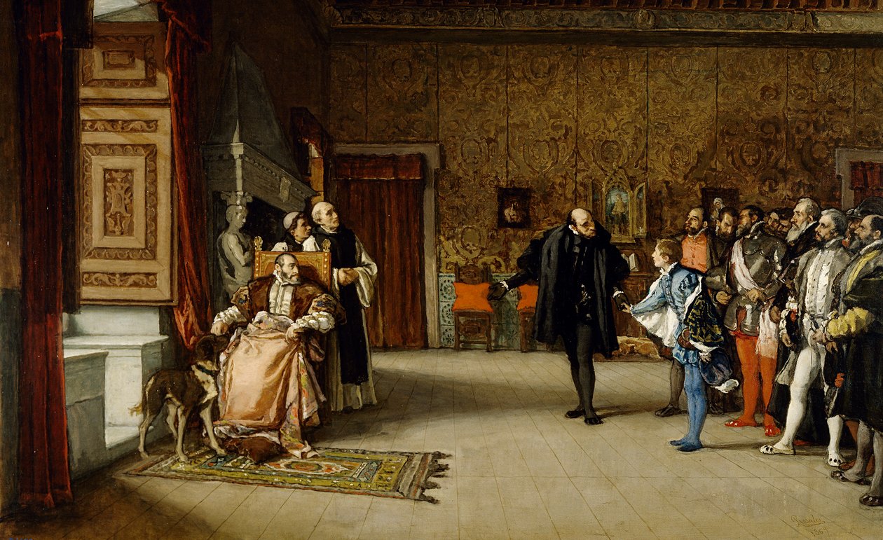Juan de Austrian esitys keisari Carlos V:lle Yustessa vuonna 1869. tekijältä Eduardo Rosales