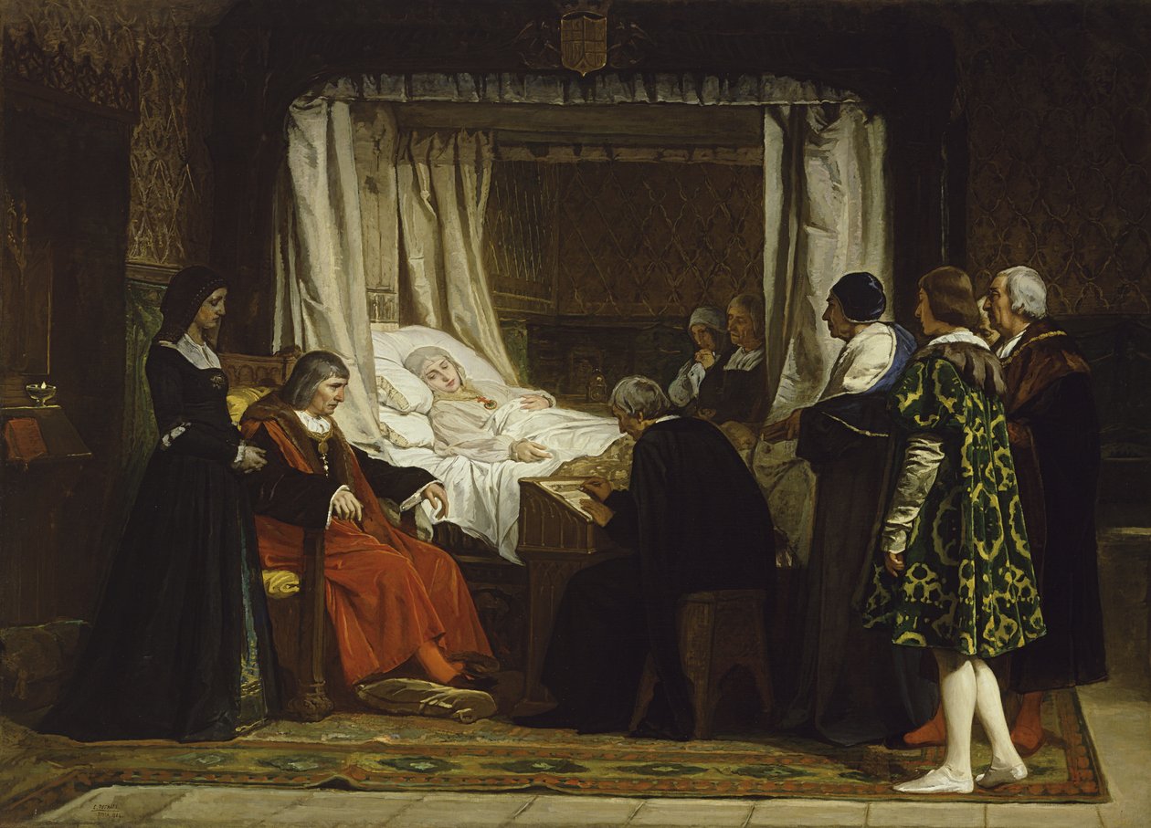 Kastilian kuningatar Isabella I sanelemassa viimeistä tahtoaan, 1864 tekijältä Eduardo Rosales Gallina