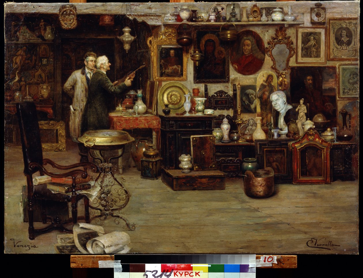 Uteliaisuuden kauppa. Eduardo Vianellan maalaus (1800-luku). Öljy kankaalle, 63,2 x 88,7 cm. 1800-luvun italialaista taidetta. Alueellinen A. Deneikin taidegalleria, Kursk. tekijältä Eduardo Vianella