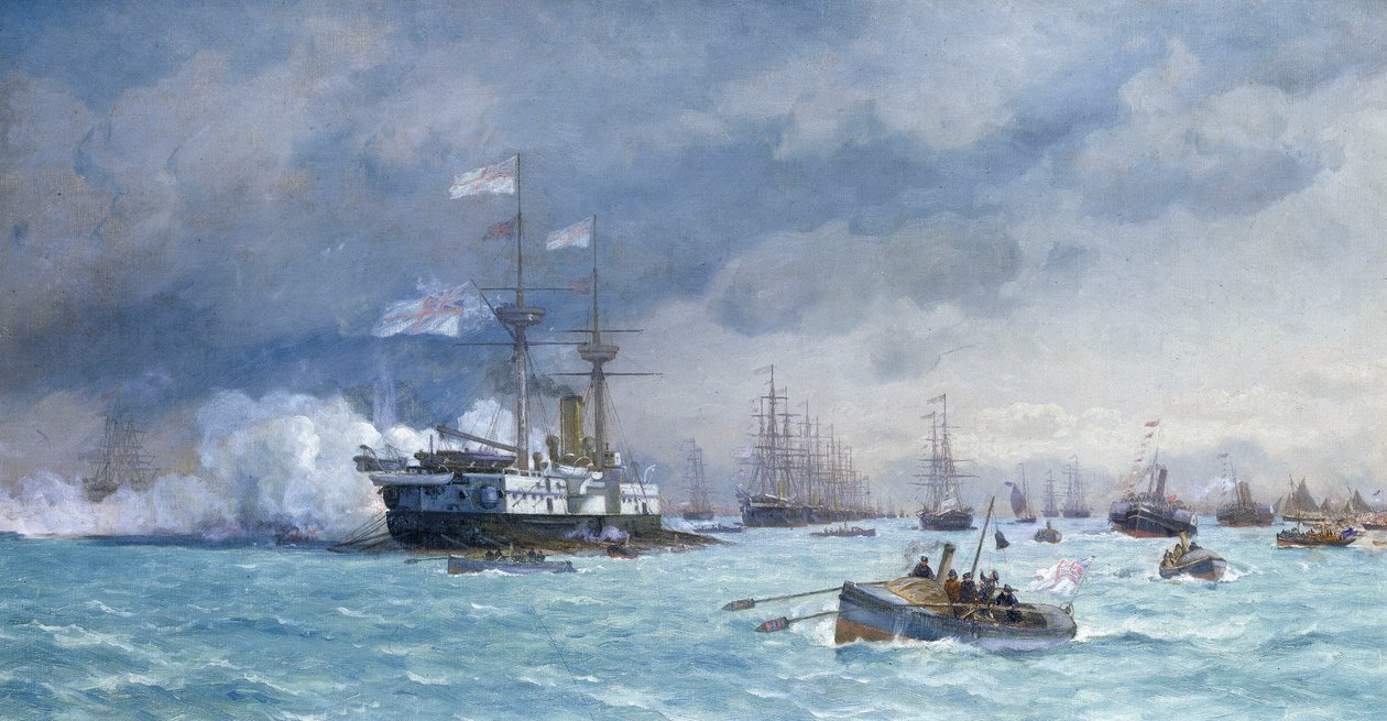 HMS "Edinburgh" torpedoharjoituksessa, noin 1887 (öljy kankaalle). tekijältä Eduardo de Martino