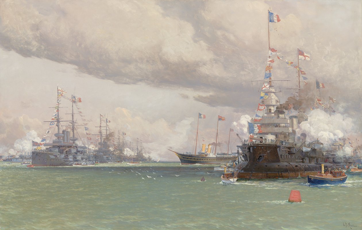 L"Entente Cordiale: Royal Yacht Victoria & Albert III tarkastelee englantilais-ranskalaista laivastoa Cowes Roadilla, 1905 tekijältä Eduardo de Martino