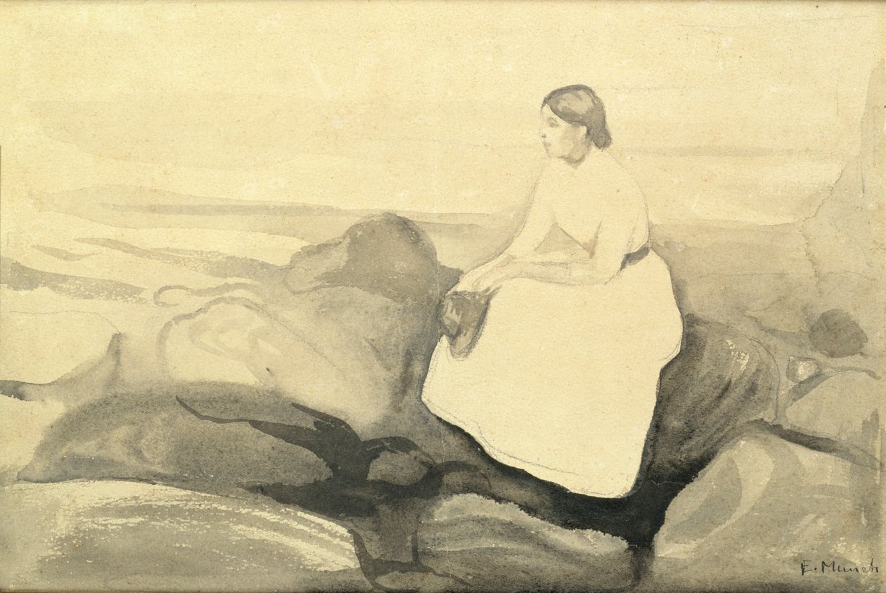 Inger on the Beach, n. 1889 (wc ja lyijykynä paperille asetettuna kortille) (katso 24717) tekijältä Edvard Munch