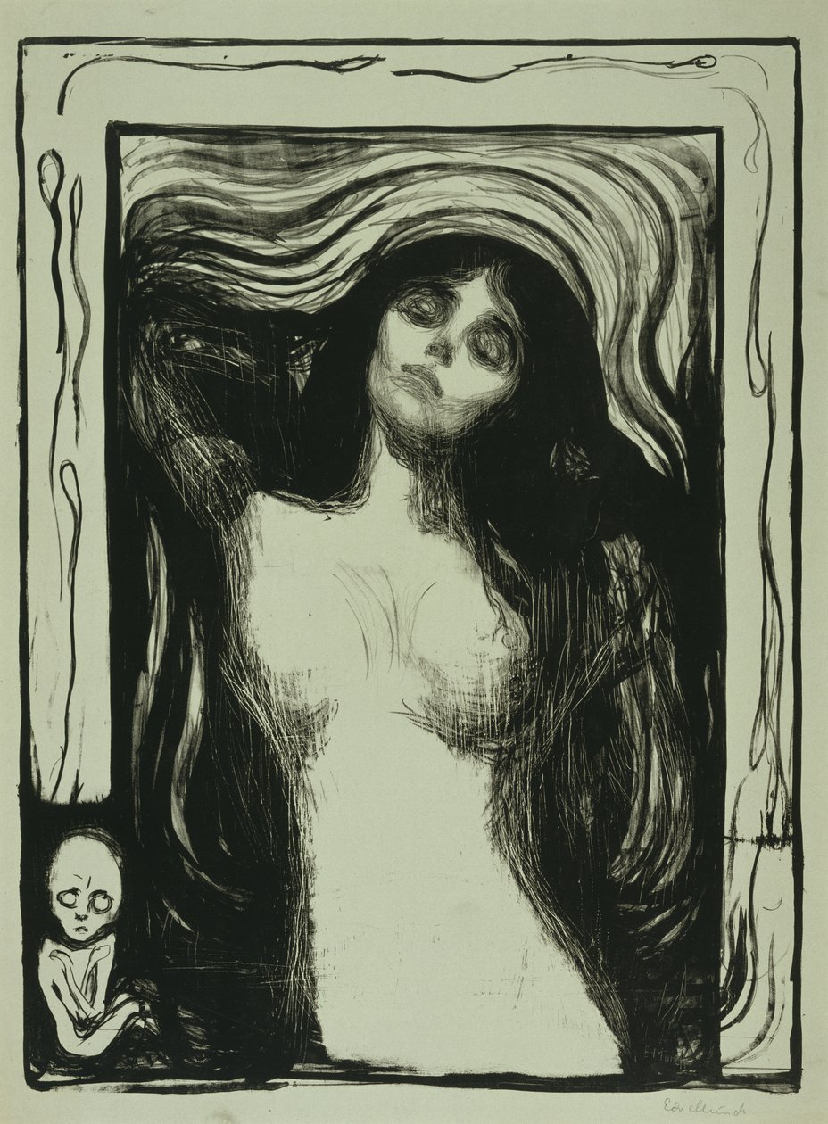Madonna, 1895-1902 (litho harmaa-vihreällä paperilla) tekijältä Edvard Munch