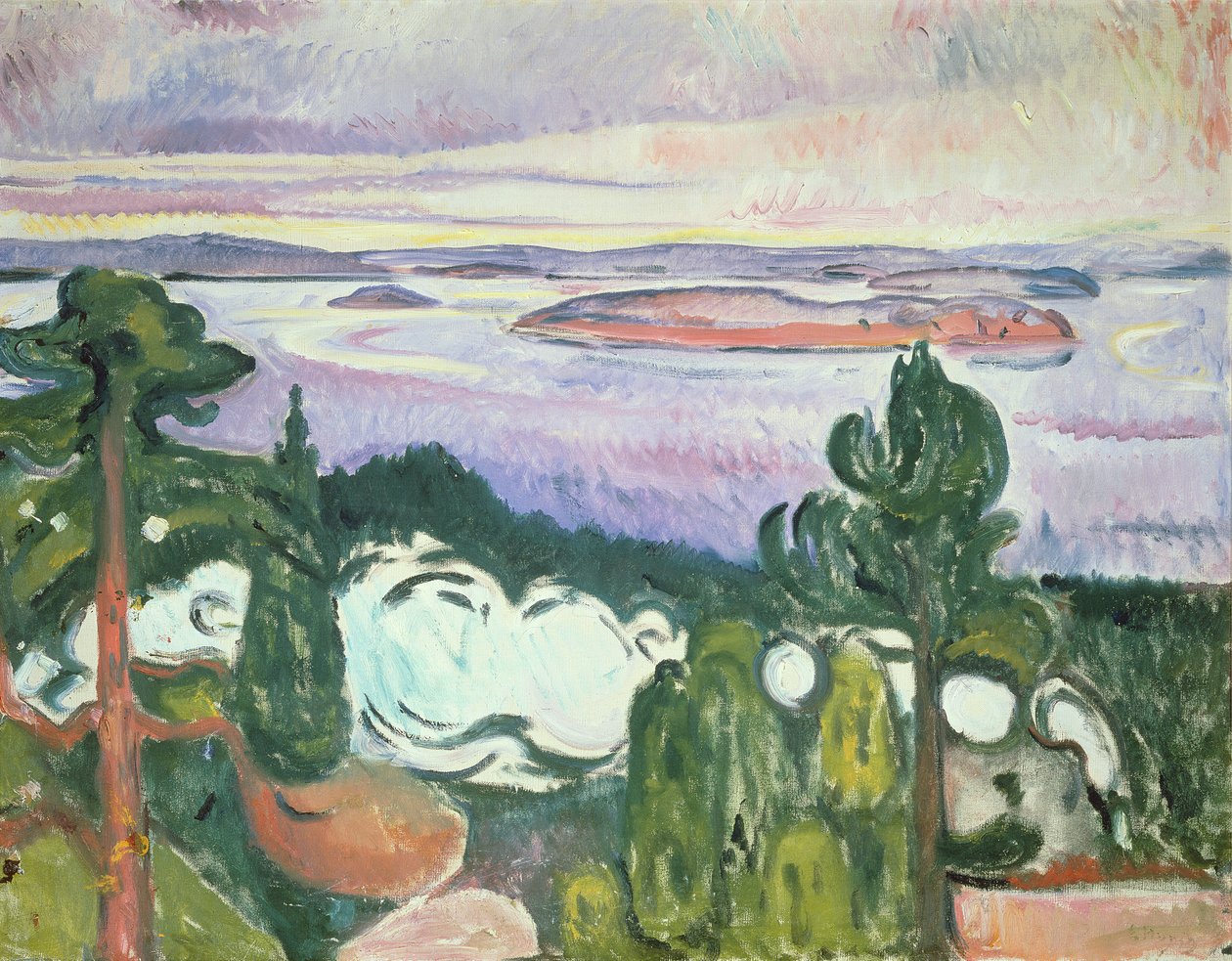 Oslofjord - Northern Beach (maisema rautatie, juna, savu) 1910 tekijältä Edvard Munch