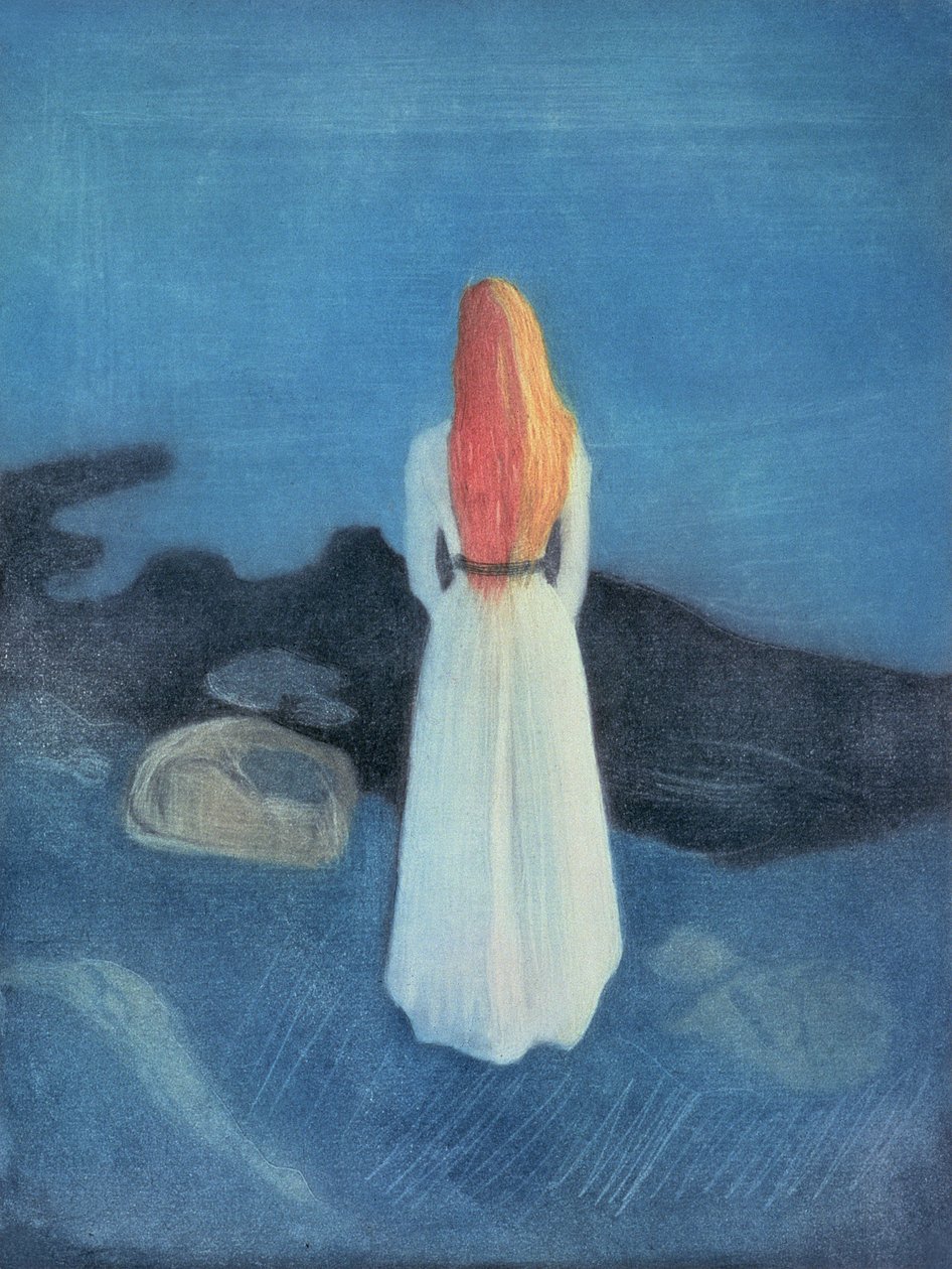 Nuori tyttö laiturilla (värillinen etsaus ja raaputettu akvatinta) tekijältä Edvard Munch