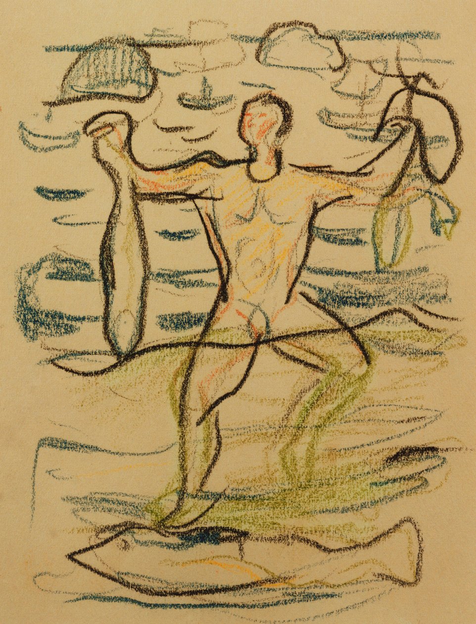 Kylpejä kalan kanssa, c. 1915-20 (värilliset liidut) tekijältä Edvard Munch
