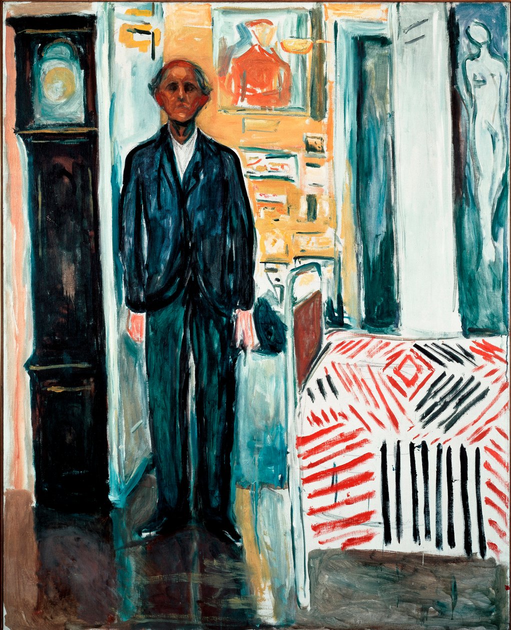 Edvard Munchin (1863-1944) maalaus sängyn ja kellon välissä 1940-1942 Dim. 149,5x120 cm Oslo, Munch-Museet tekijältä Edvard Munch
