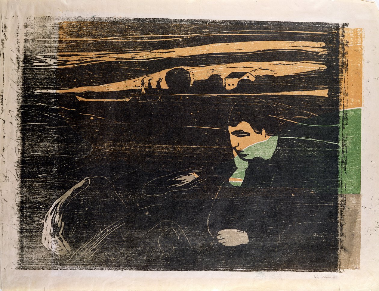 Ilta, melankolia: Rannalla (Abend, Melancholie am Strand) (puupiirros) tekijältä Edvard Munch