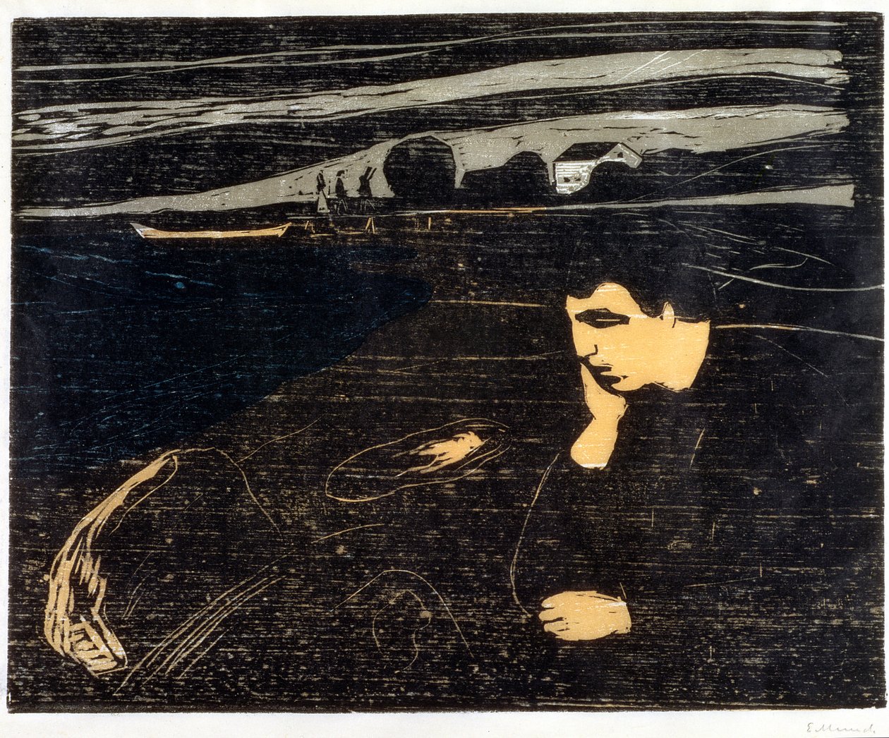 Ilta, melankolia: Rannalla (Abend, Melancholie am Strand) (puupiirros) tekijältä Edvard Munch