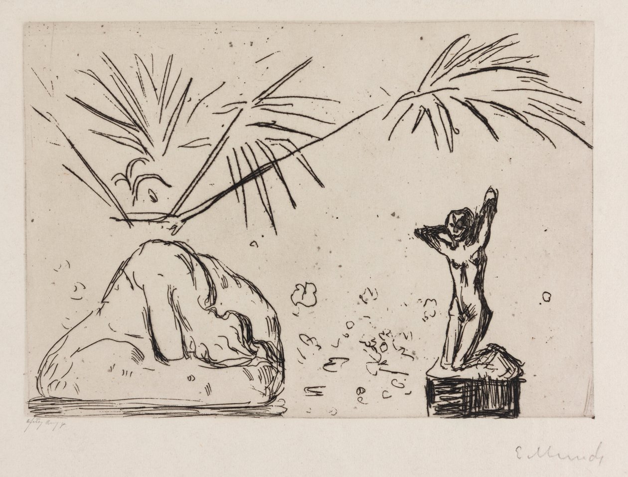 Sisustus, jossa on veistoksia tekijältä Edvard Munch