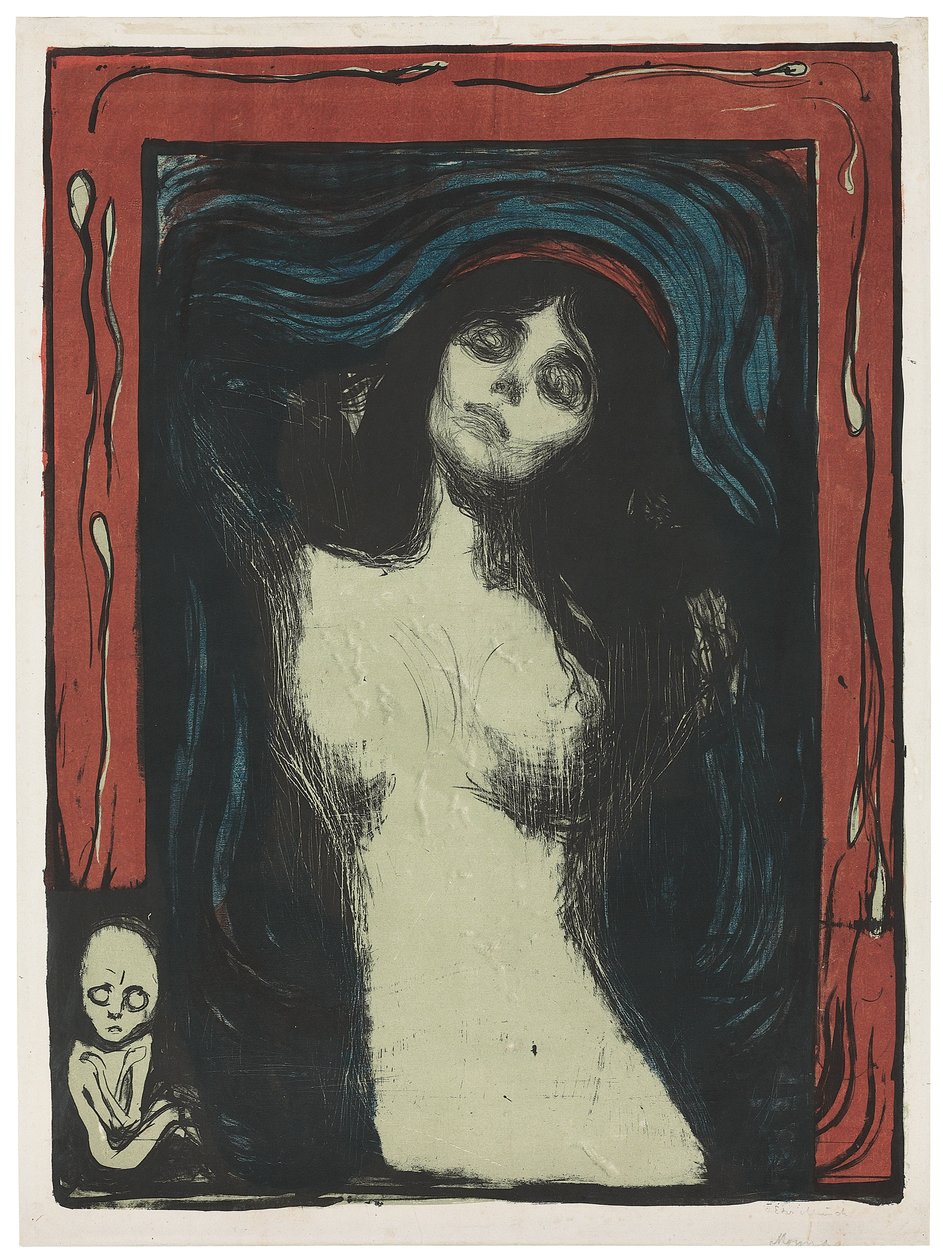 Madonna - Liebendes Weib, n. 1895-1902 (litografia, painettu mustalla, punaisella, sinisellä ja jadenvihreällä valkoisella) tekijältä Edvard Munch