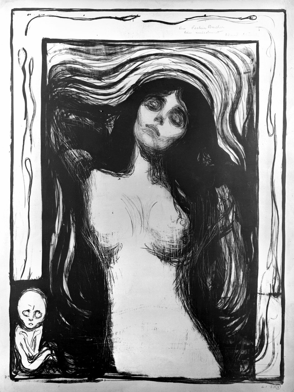 Madonna, Edvard Munchin litografia omistettu tohtori Bucherille. tekijältä Edvard Munch