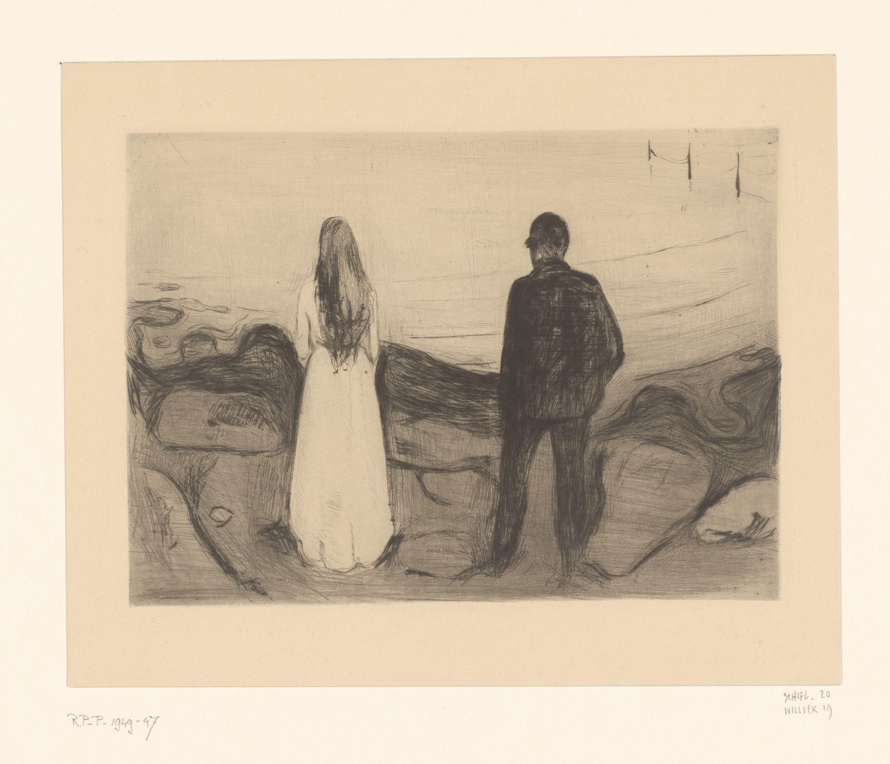 Mies ja nainen seisovat rannalla Kaksi ihmistä (alkuperäinen nimi) tekijältä Edvard Munch