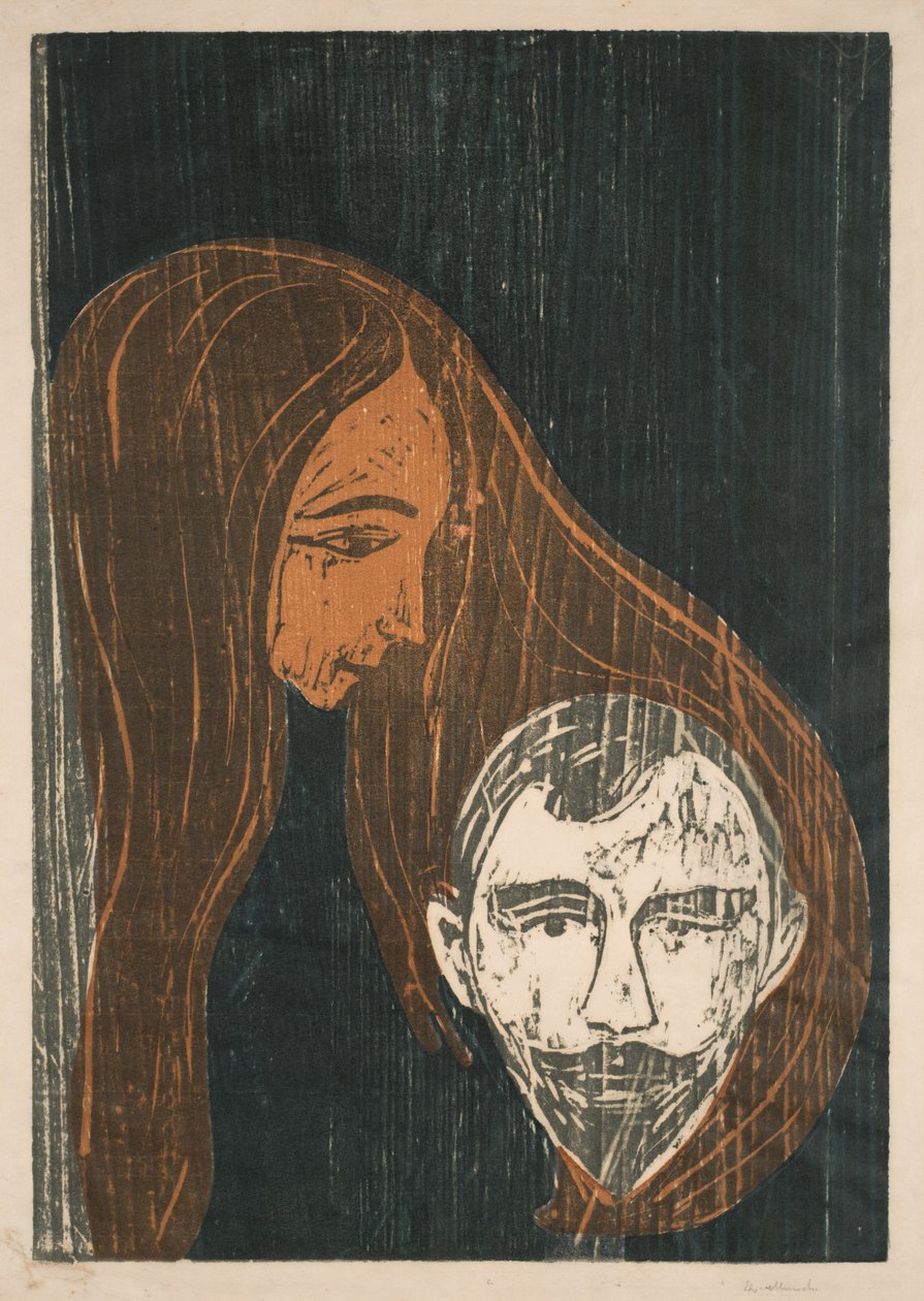 Miehen pää naisen hiuksissa tekijältä Edvard Munch