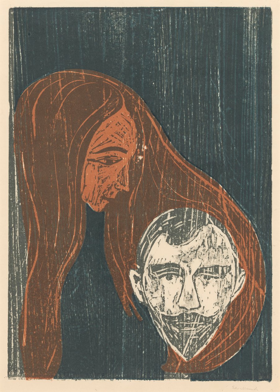 Miehen pää naisen hiuksissa tekijältä Edvard Munch