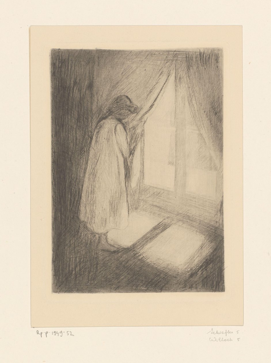 Tyttö yöpaidassa ikkunan vieressä The Girl by the Window (alkuperäinen nimi) tekijältä Edvard Munch