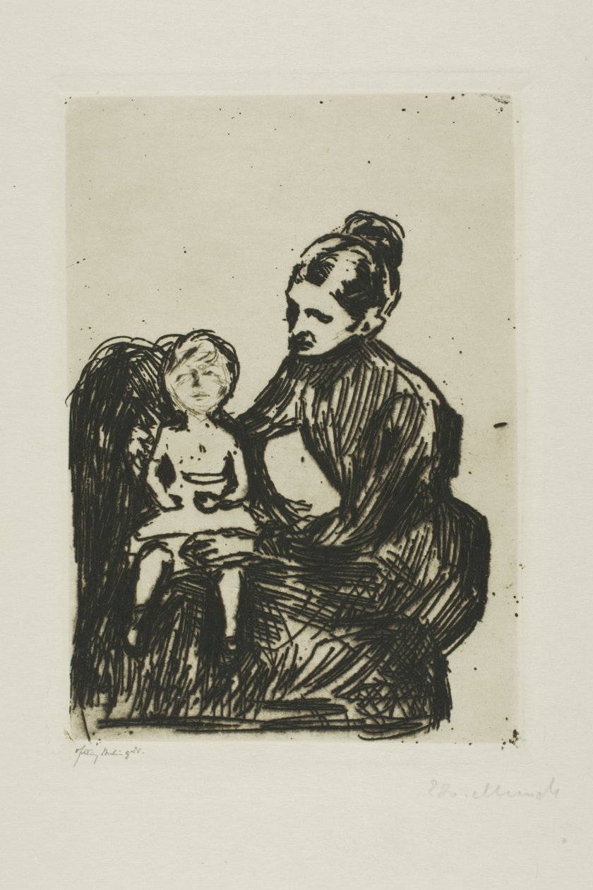 Sairaanhoitaja pojan/äidin ja itkevän lapsen kanssa tekijältä Edvard Munch