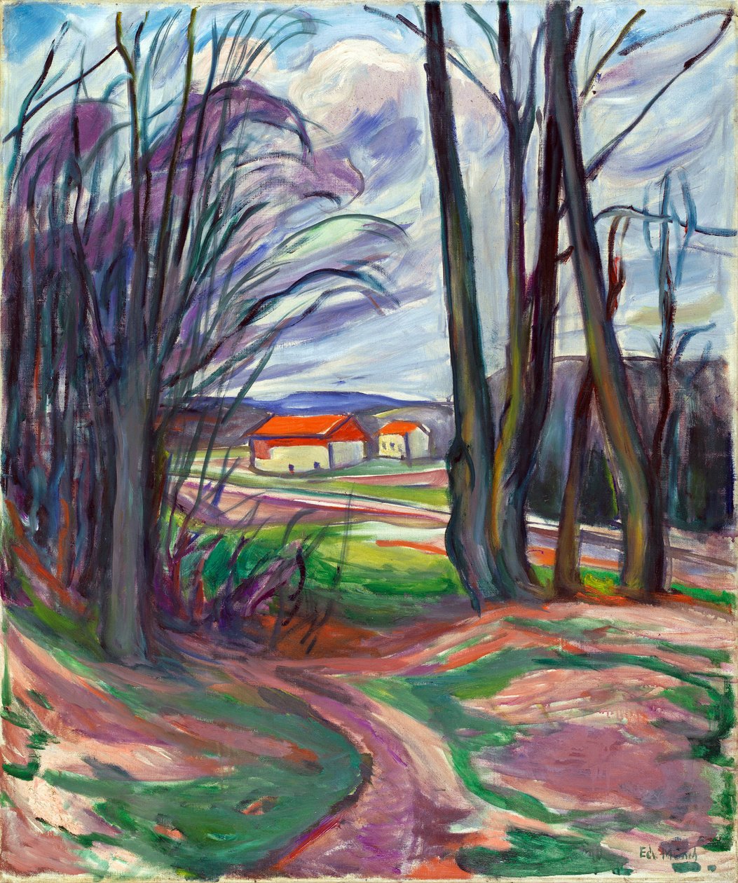 Maisema Skoyenissa (Oslo, Norja). Edvard Munchin (1863-1944) maalaus, öljy kankaalle, noin 1920. Norjan taide, 1900-luku, ekspressionismi. Yksityinen kokoelma. tekijältä Edvard Munch