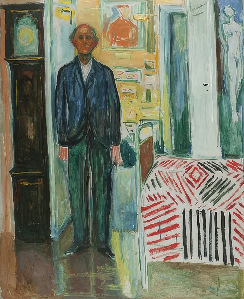 Omakuva. Kellon ja sängyn välissä. 1940-42 tekijältä Edvard Munch