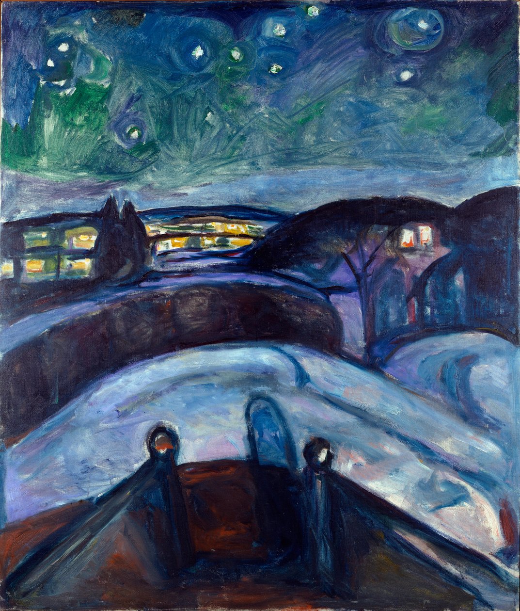 Tähtien yön yömaisema Pohjois-Euroopassa. Edvard Munchin (1863-1944) maalaus 1923-1924 su. 139x119 cm Oslo, Kommunes Kunstsamlinger Munch-Museet (Musee Munch) tekijältä Edvard Munch