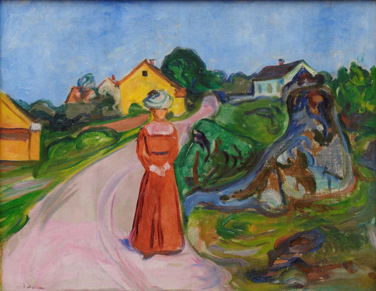 Katu Åsgårdstrandissa ja punapukuinen nainen tekijältä Edvard Munch