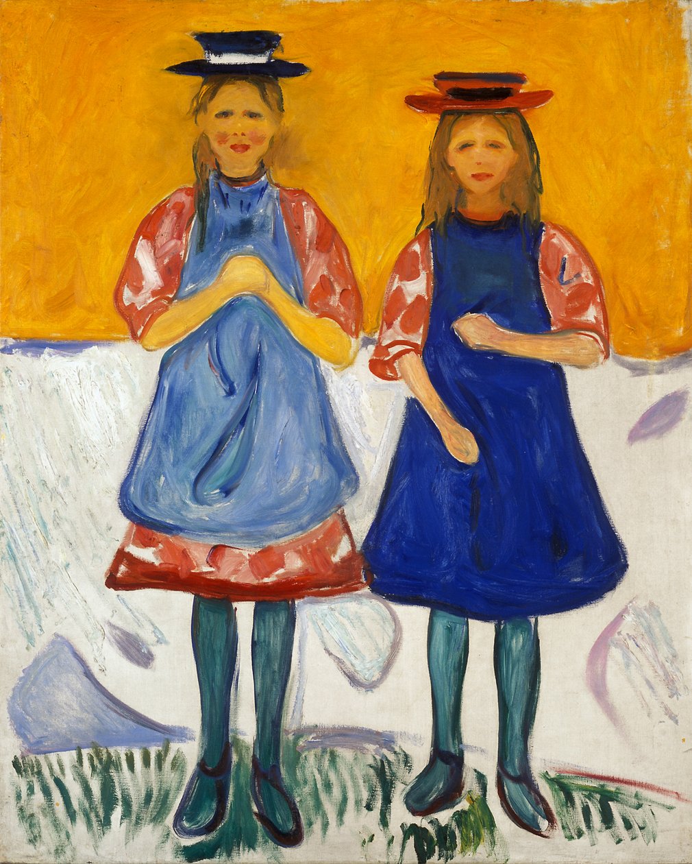 Kaksi pientä tyttöä sinisellä esiliinalla tekijältä Edvard Munch