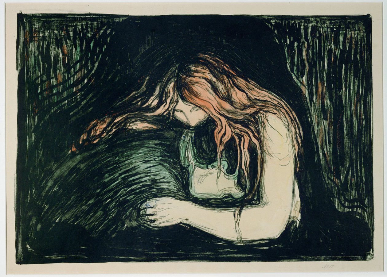 Vampire II (käsin väritetty litografia) tekijältä Edvard Munch