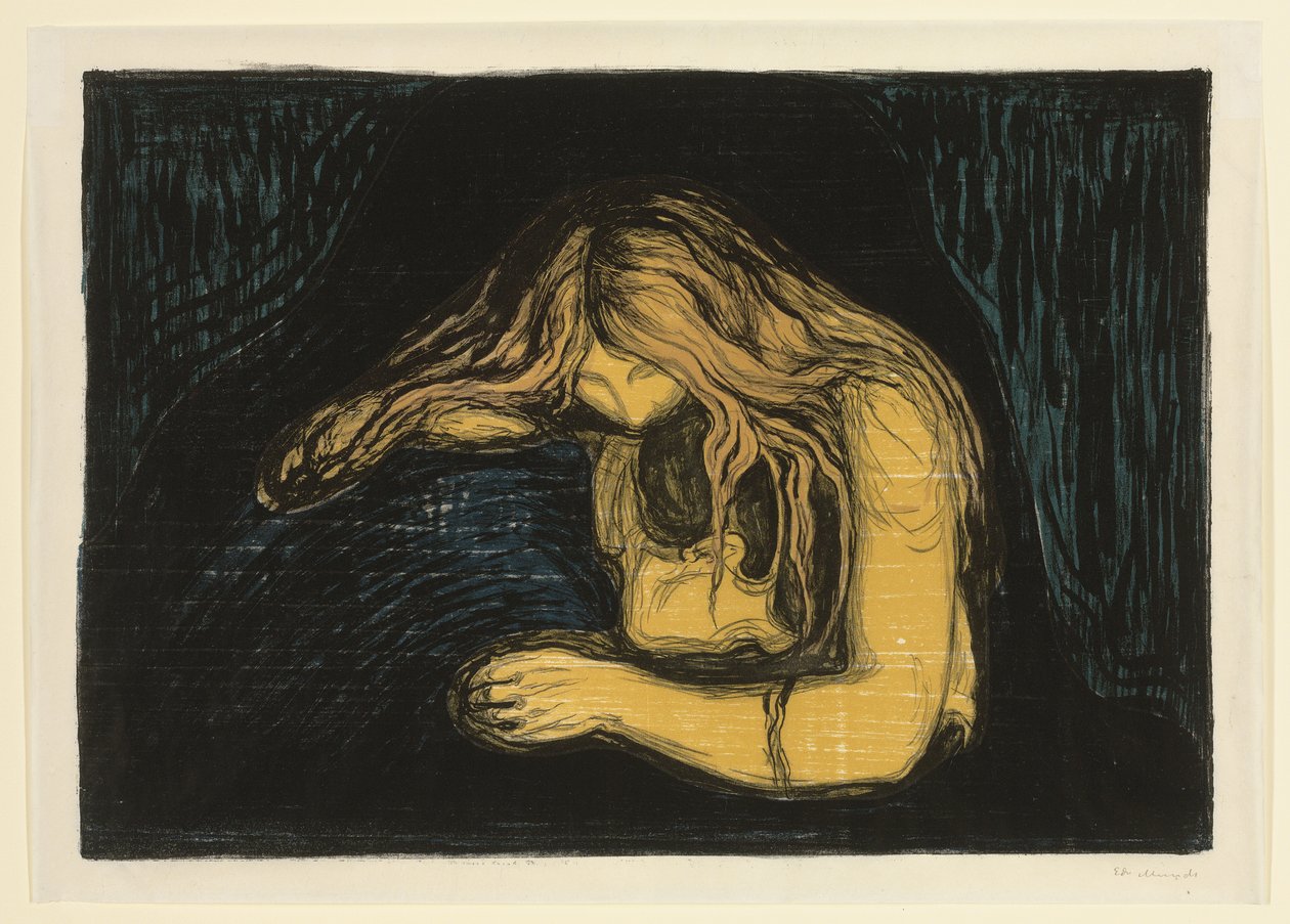 Vampyyri II, c. 1895-1902 (litografia ja puupiirros väreissä) tekijältä Edvard Munch