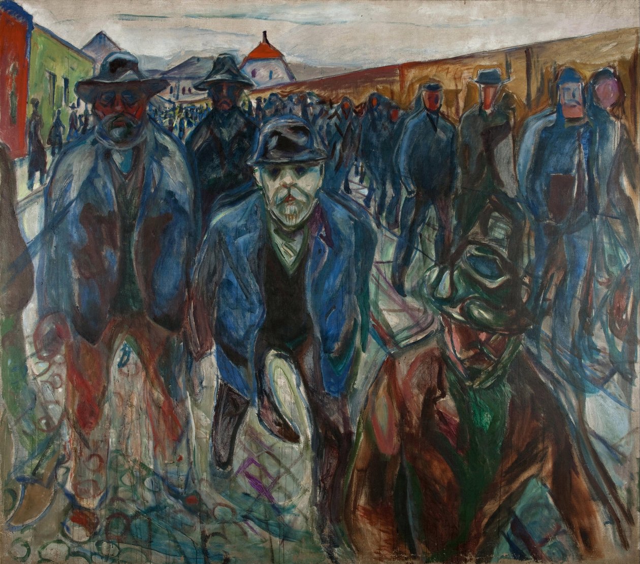 Työntekijät matkalla kotiin Munchissa, Edvardissa (1863-1944). Öljy kankaalle, koko: 227x201 tekijältä Edvard Munch