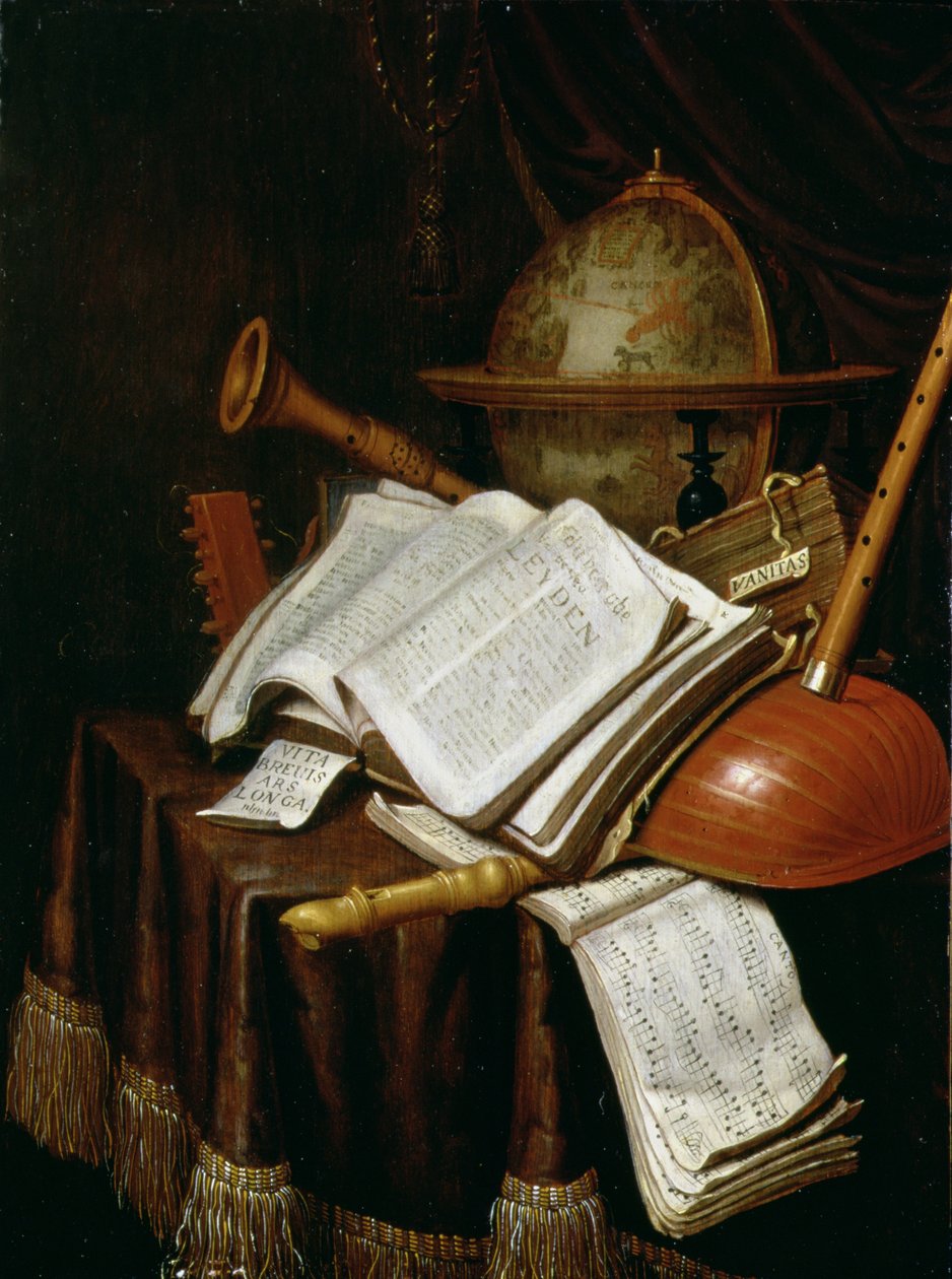 Vanitas maapallolla, nuotit ja instrumentit, 1692 (paneeli) tekijältä Edwaert Colyer or Collier