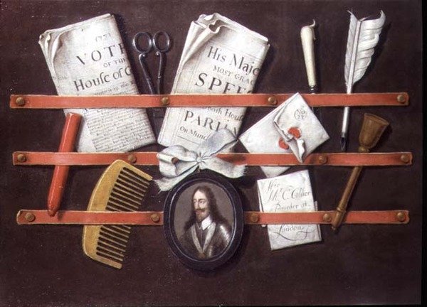 Kirjehylly, jossa on asiakirjoja ja Charles I:n miniatyyri tekijältä Edwaert Colyer or Collier