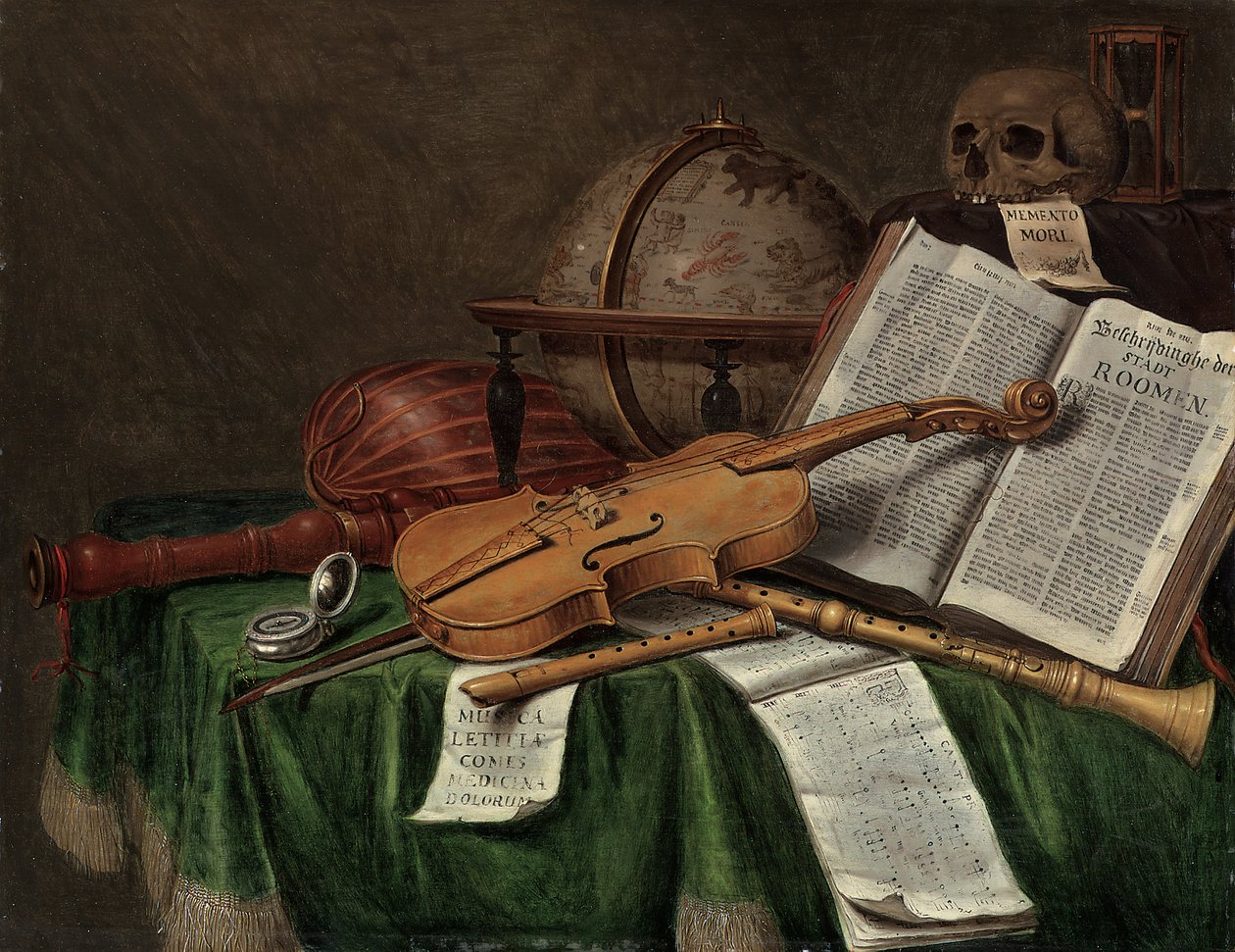 Vanitas asetelma astrologisella maapallolla, viululla, pääkallolla, tiimalasilla, avokirjalla, partituurilla, kellolla, luuttulla ja muilla soittimilla päällystetyllä pöydällä, 1680-luku tekijältä Edwaert Colyer or Collier