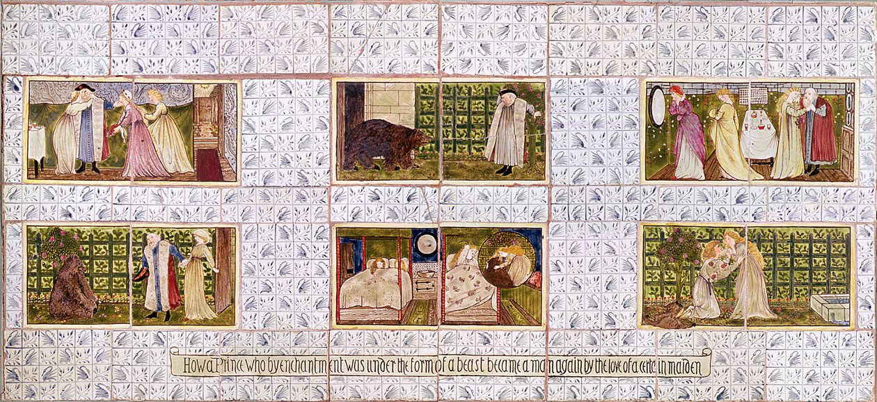 Kaunottaren ja hirviön tarinaa kuvaava laattataulu Birket Fosterin talosta Witleystä, Surreysta, noin 1862 (keramiikka). tekijältä William Morris