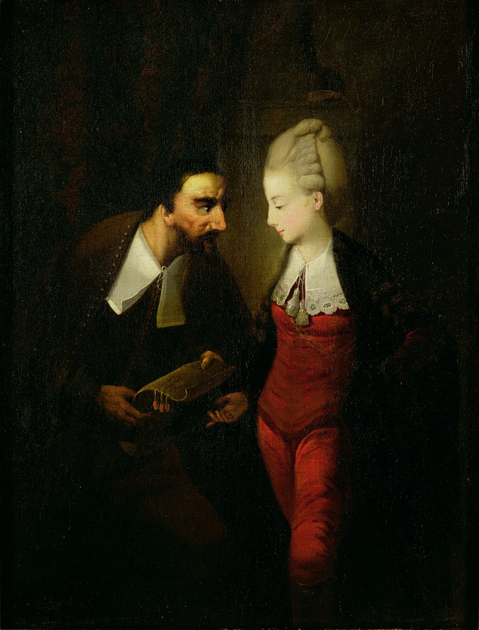 Portia ja Shylock elokuvasta "Venetsialainen kauppias" näytös IV, kohtaus i, n. 1778 tekijältä Edward Alcock
