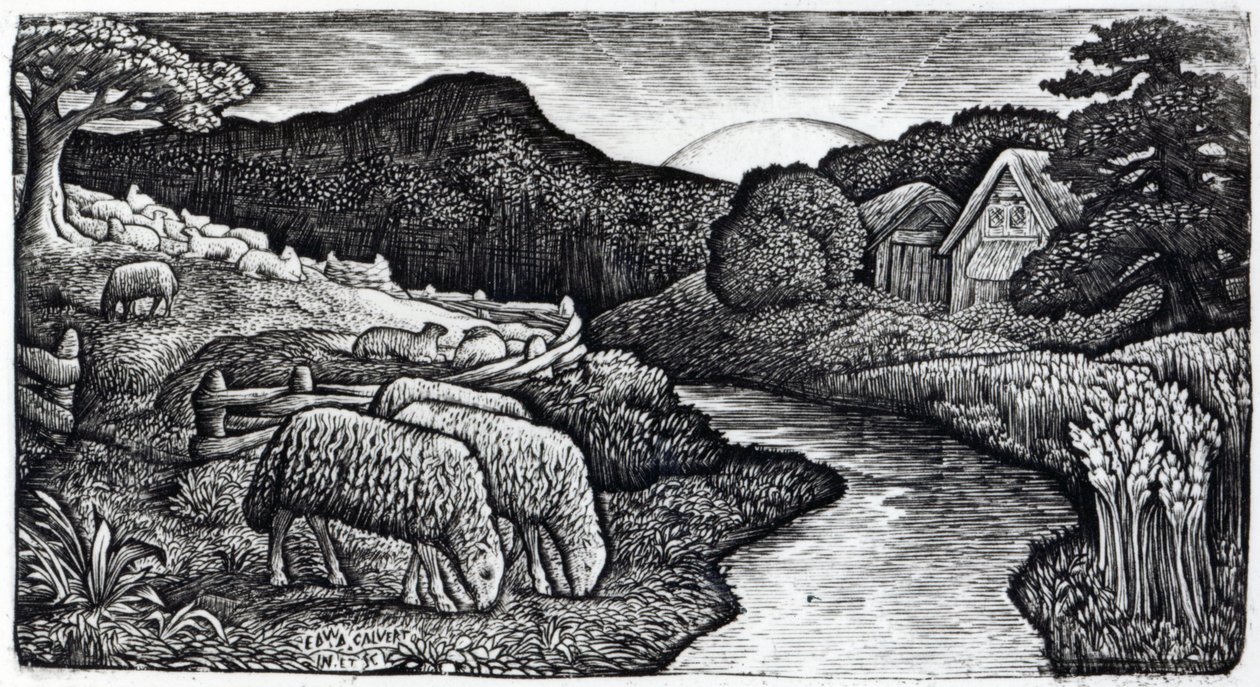 The Sheep of his Pasture, noin 1828, Calvertin pojan 1893 albumille "A Memoir" julkaistusta 350 vedoksen painoksesta tekijältä Edward Calvert