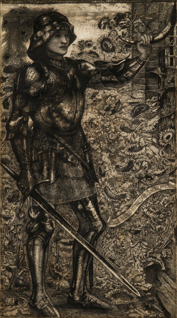 "Childe Roland to the Dark Tower Came", 1861 (kynä, muste ja harmaa pesuaine) tekijältä Edward Burne Jones