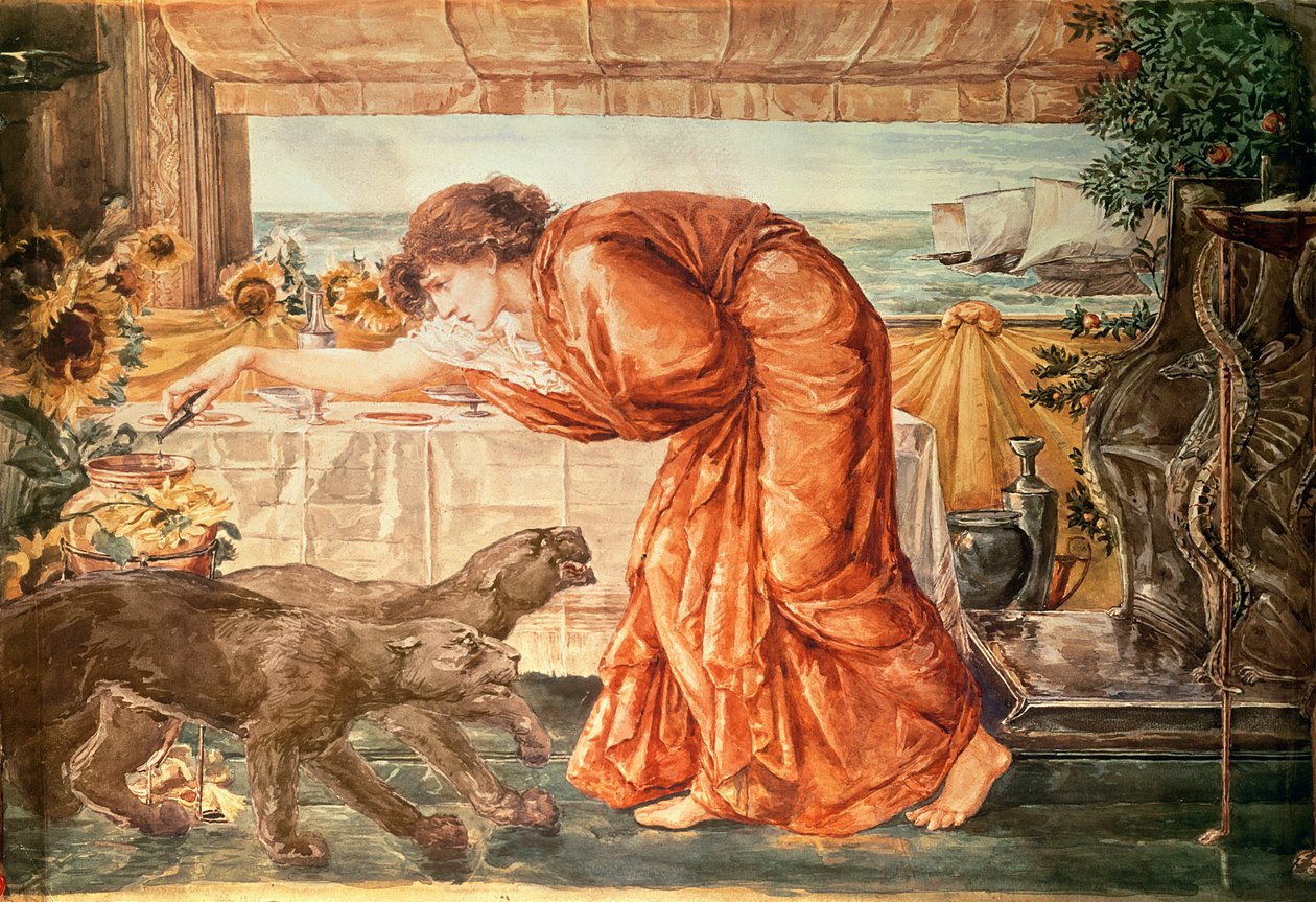 Circe kaataa myrkkyä maljakkoon ja odottaa Ulysseksen saapumista, 1863-69 tekijältä Edward Burne Jones