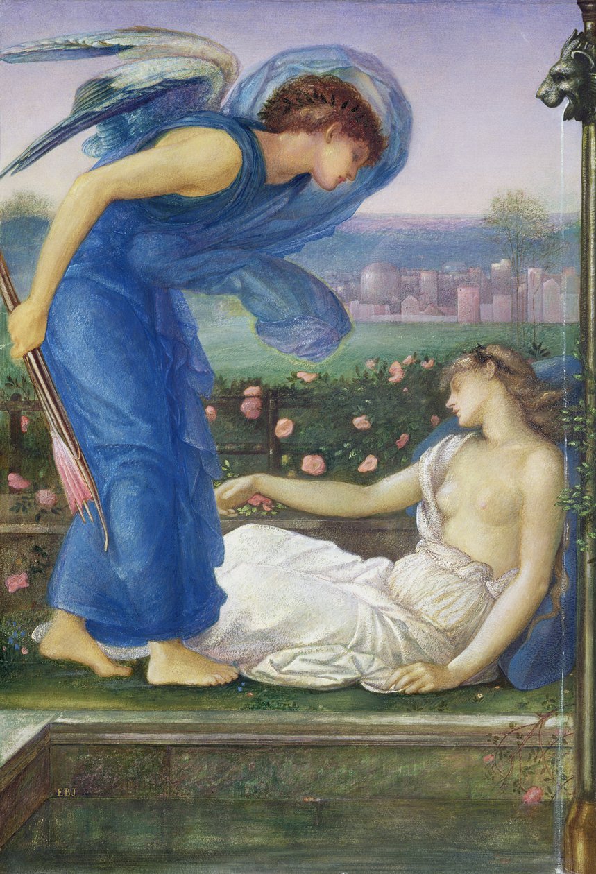 Cupid and Psyche, n. 1865 (wc, vartaloväri ja pastelli paperille liinalle kiinnitettynä) tekijältä Edward Burne Jones