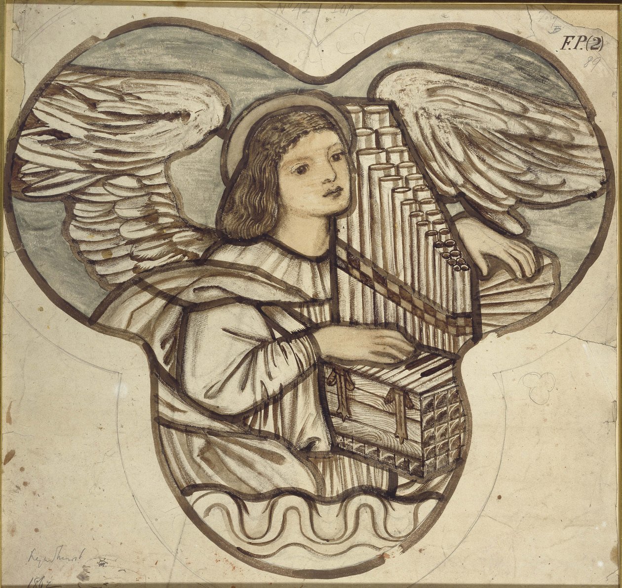 Suunnittelu lasimaalauksille Lyndhurst Churchissa: An Angel Organist, 1886 (ruskea ja sininen pesu grafiitin päälle) tekijältä Edward Burne Jones