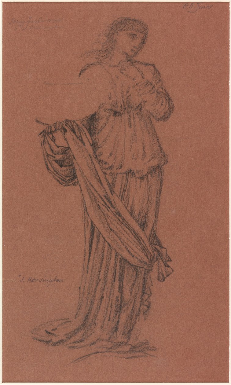 Kulhoa kantava naishahmo, "Kuu"-tutkimus (hiili ja muste paperille (ruskea)) tekijältä Edward Burne Jones